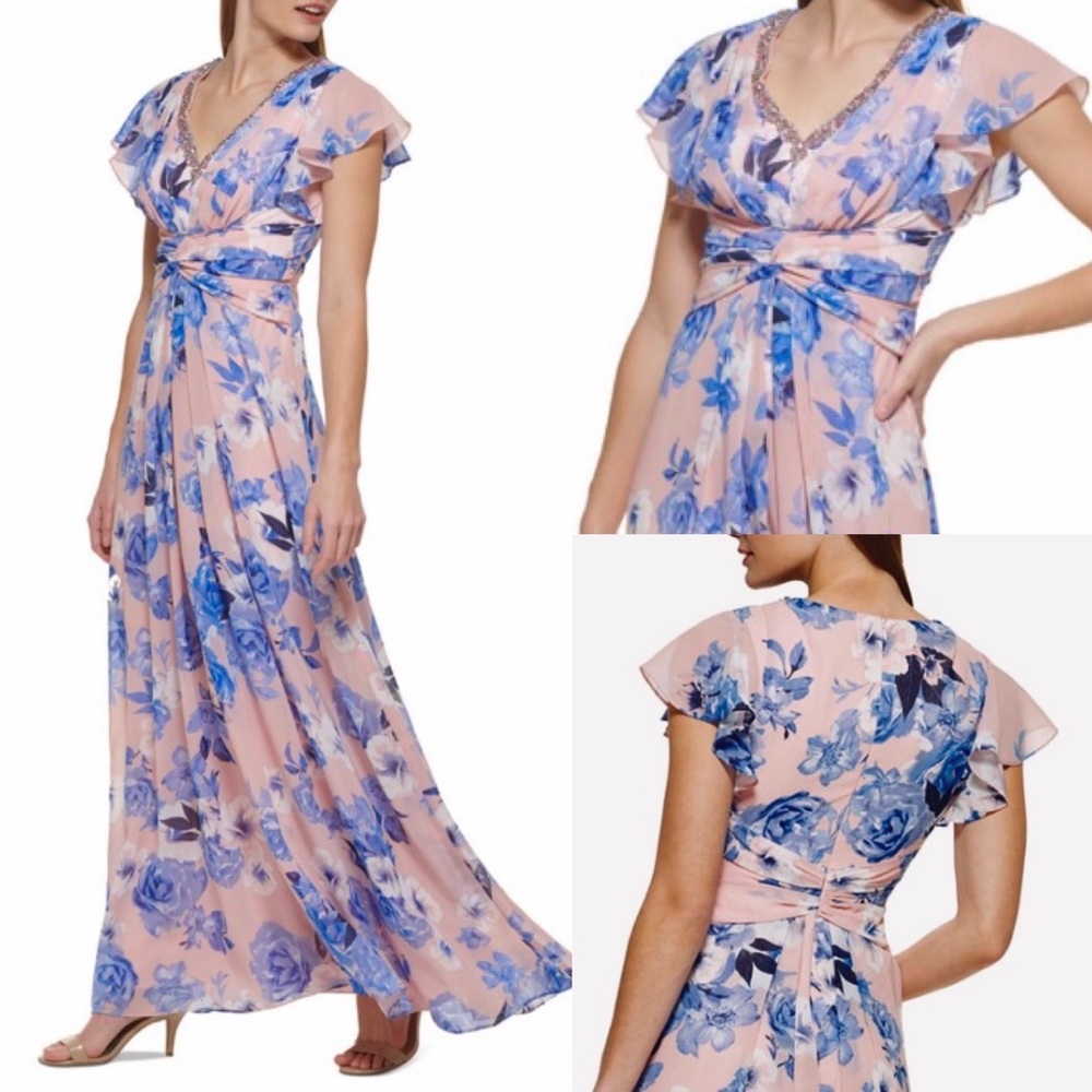 Eliza J
Floral-Print
Embellished Flutter-
Sleeve Gown size 6 or 6P petite